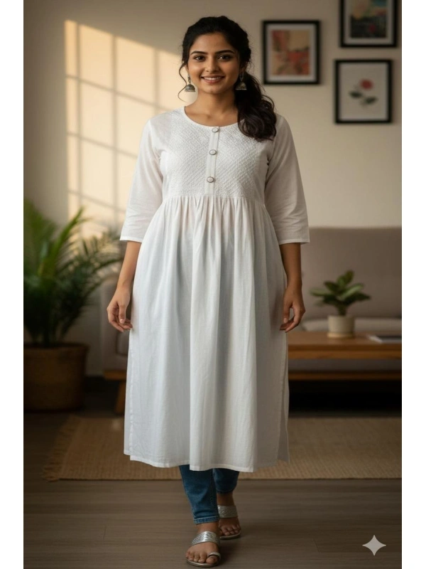  White Embroidered Kurti with Front Buttons XXL