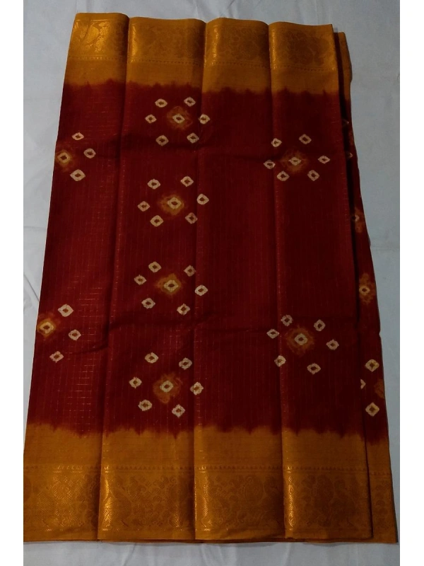 The mustard-yellow pallu highlights a large, intricate Shibori or tie-dye mandala design in the center -SCS00161