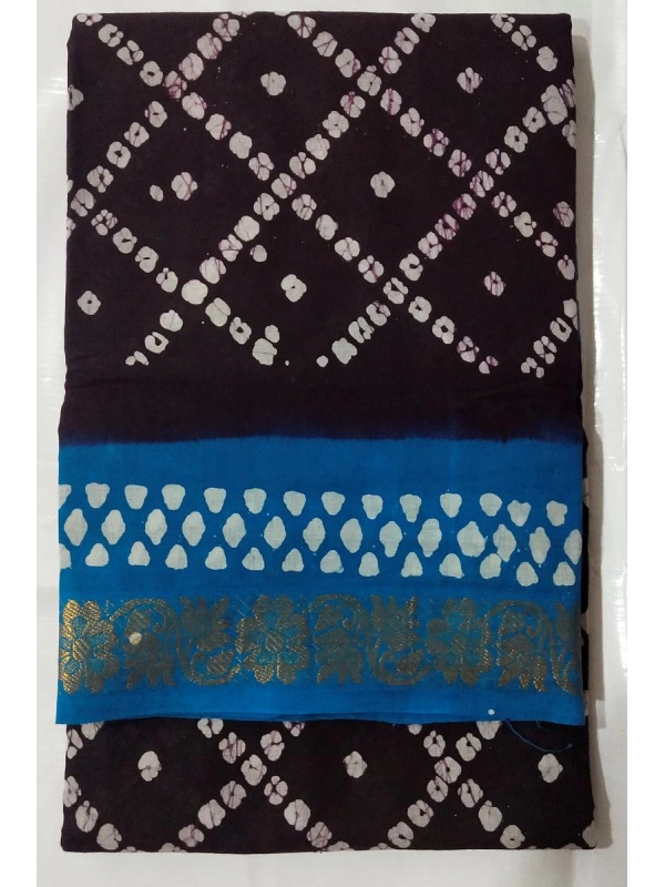 Midnight Black & Cerulean Blue Hand-Block Batik Cotton Saree -SCS00179