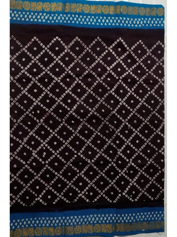 Midnight Black & Cerulean Blue Hand-Block Batik Cotton Saree -SCS00179