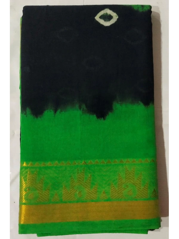 This saree features Shibori-style bleed transitions between the green and black sections, along with traditional Bandhani (tie-dye) motifs -SCS00231