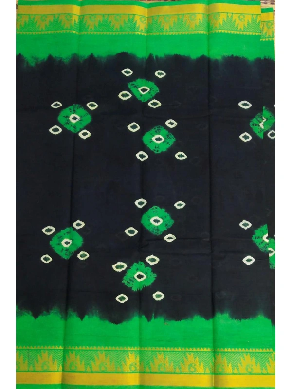 This saree features Shibori-style bleed transitions between the green and black sections, along with traditional Bandhani (tie-dye) motifs -SCS00231