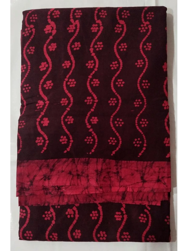 Wine & Crimson Red Hand-Block Batik Cotton Saree -SCS00371