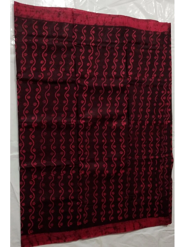 Wine & Crimson Red Hand-Block Batik Cotton Saree -SCS00371