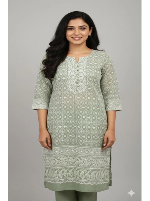  Green Floral Motif Kurti with Lace Detailing XL