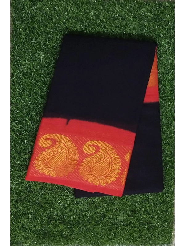 Classic Black Current Saree with a Bold Red Border featuring Large Golden Paisley (Manga) Motifs -SCS00121
