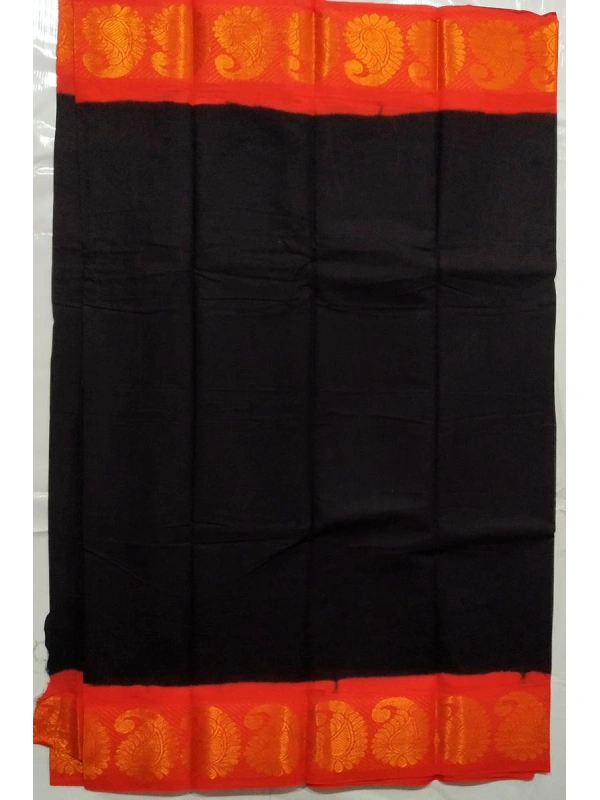Classic Black Current Saree with a Bold Red Border featuring Large Golden Paisley (Manga) Motifs -SCS00121