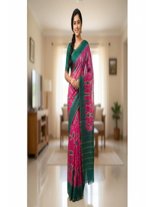 Vibrant Magenta & Teal Green Shibori Tie-Dye Saree with Gold Zari Border -SCS00181