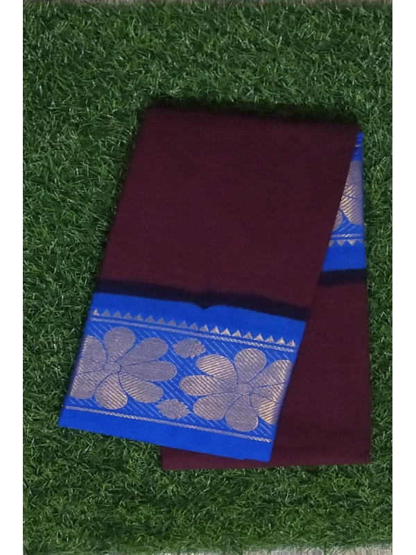 Sophisticated Dark Maroon Saree with a Blue Zari Border and Striped Pallu -SCS00111