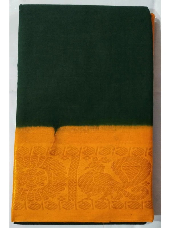 Hand-Dyed Bottle Green Saree with Contrast Mango Yellow Zari Border -SCS0091