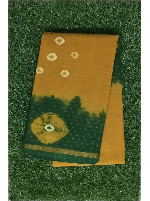 Mustard and Emerald Green Tie-Dye Bandhani Cotton Saree-SCS00171