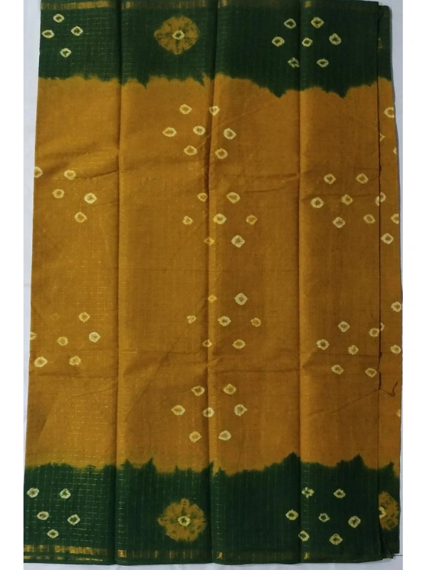 Mustard and Emerald Green Tie-Dye Bandhani Cotton Saree-SCS00171
