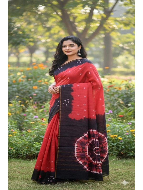 Red Cotton-Saree with Bandhej Accents and Contrast Borders -SCS00151