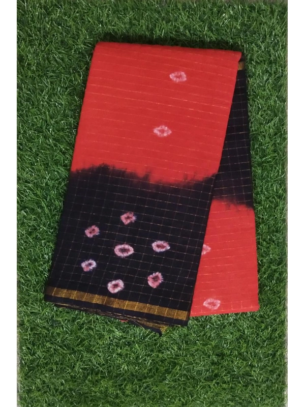 Red Cotton-Saree with Bandhej Accents and Contrast Borders -SCS00151