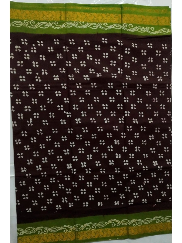 Coffee Brown & Olive Green Hand-Block Batik Cotton Saree-SCS00331