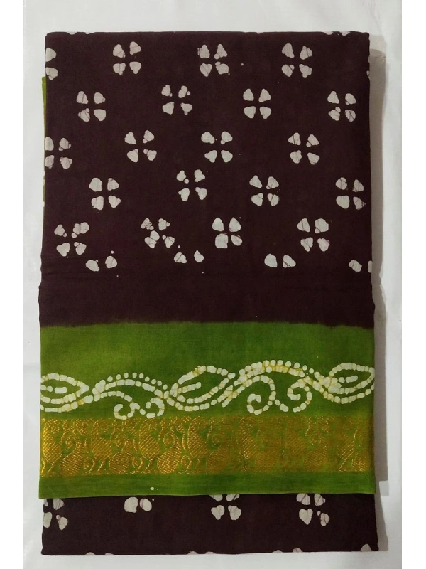 Coffee Brown & Olive Green Hand-Block Batik Cotton Saree-SCS00331