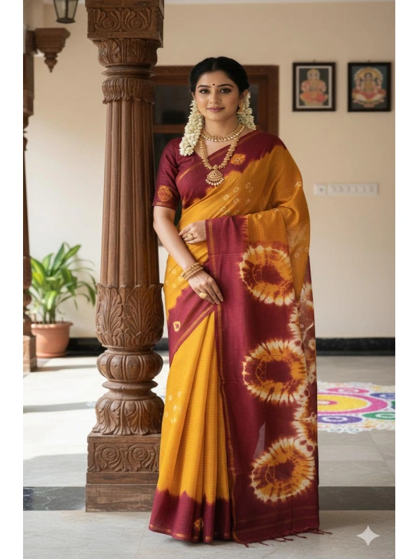 Emphasizing the large circular tie-dye patterns and delicate hand-dotted motifs -SCS00141