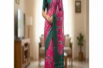Vibrant Magenta & Teal Green Shibori Tie-Dye Saree with Gold Zari Border -SCS00181 Thumbnail Image 2